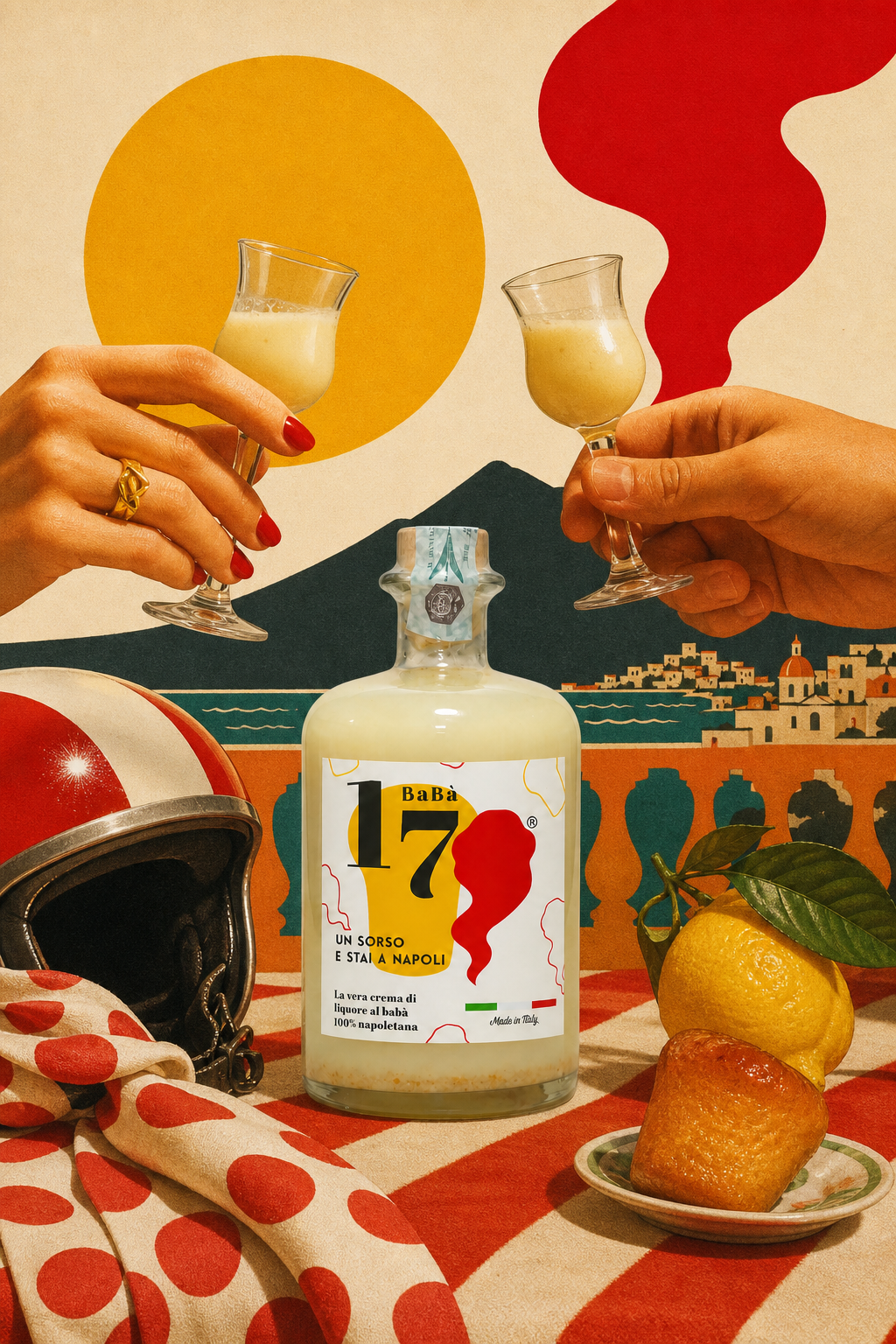 Scena pop art mediterranea con la bottiglia originale e sigillata Babà17 Classic, un brindisi, limone e babà