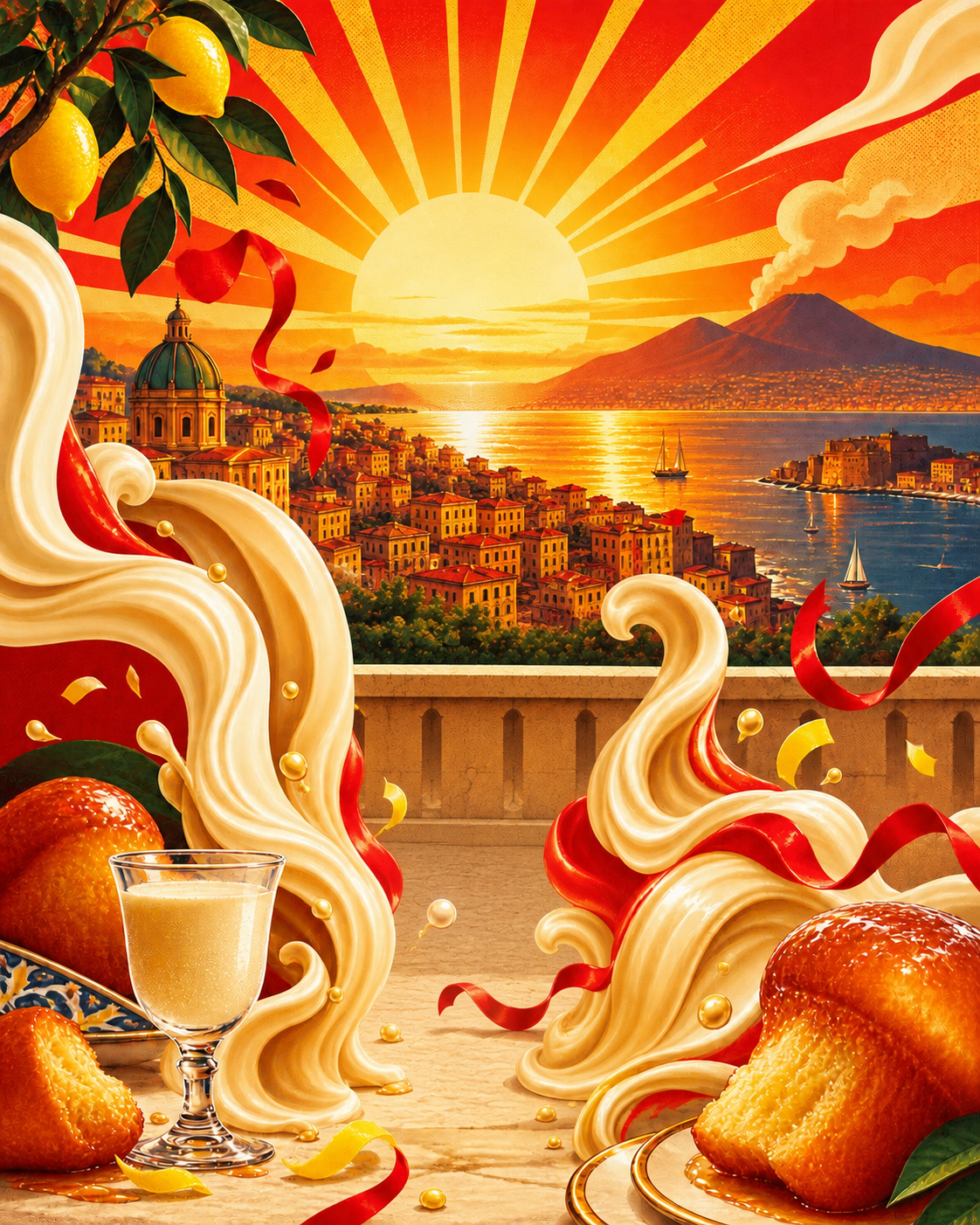 Scena pop art calda ispirata a Napoli, al babà e al rituale del liquore